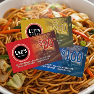 Lee's Buffet Gift Certificates displayed against a background of Chinese noodle dish.