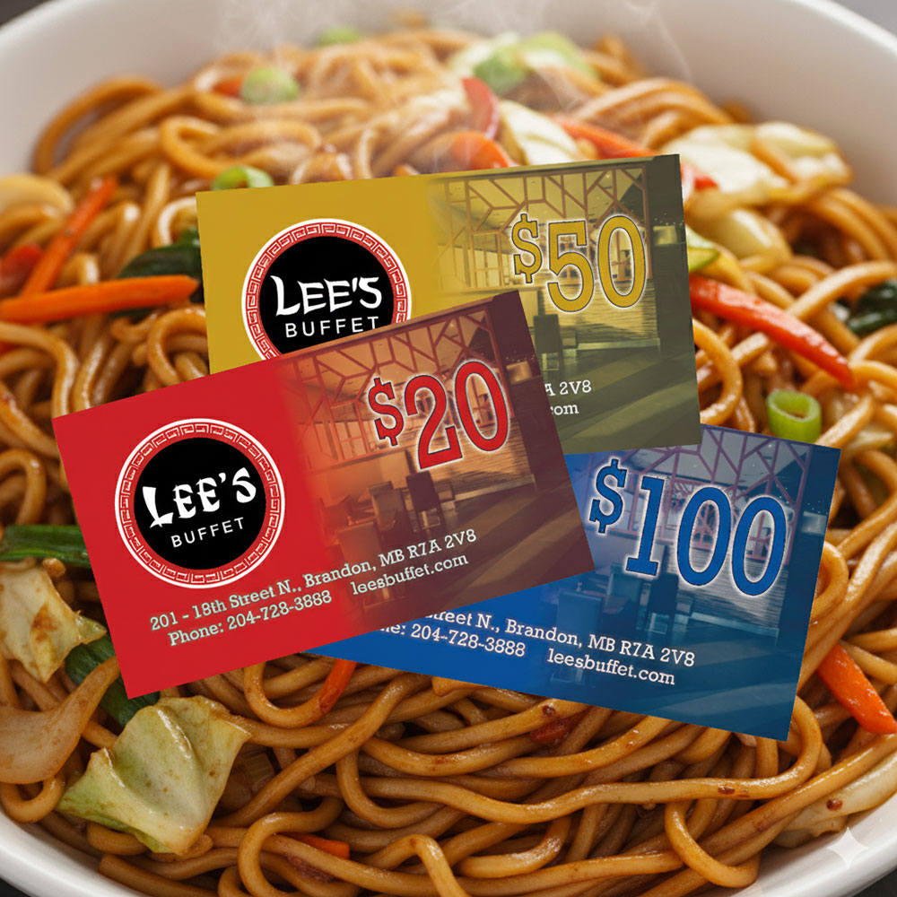 Lee's Buffet Gift Certificates displayed against a background of Chinese noodle dish.
