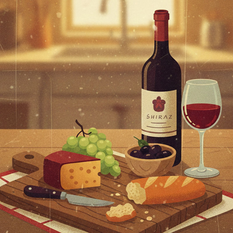 A charcuterie board sits on a counter with a wine bottle and wine glass beside it. On the board is cheese, grapes, bread, olives and a knife.