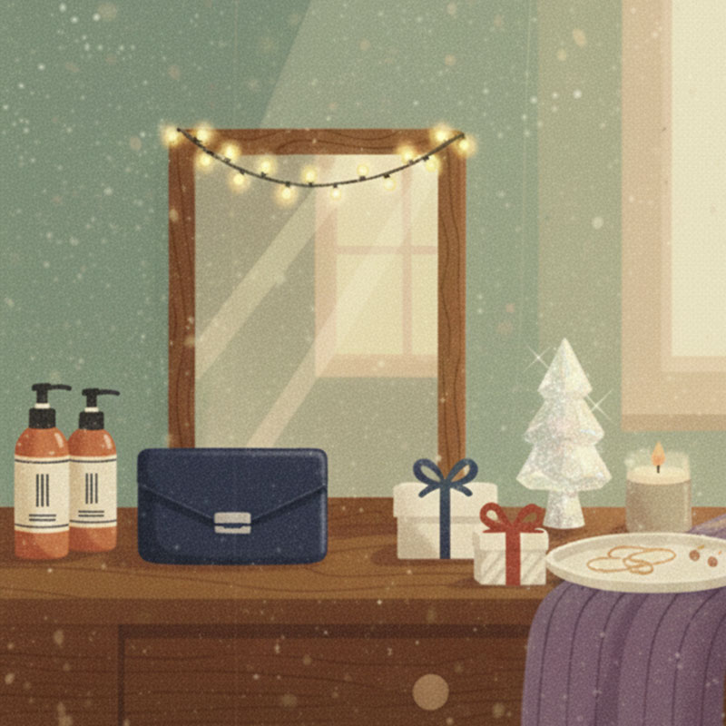 A wooden vanity with a large mirror adorned with Christmas lights. on the vanity are lotion bottles, a purse, small gifts, a crystal tree ornament, a candle, and jewellery.