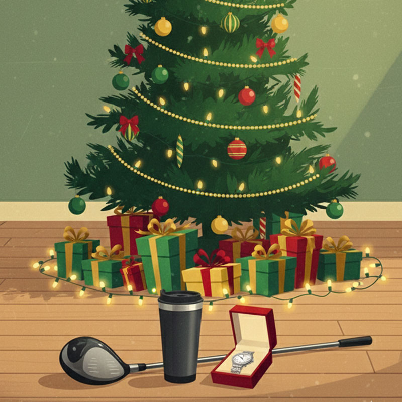 A selection of unwrapped gifts — a golf driver, a travel mug, a watch — site on the floor in front of a Christmas tree. Under the tree are quite a few wrapped gifts in colours of green, red, and gold.