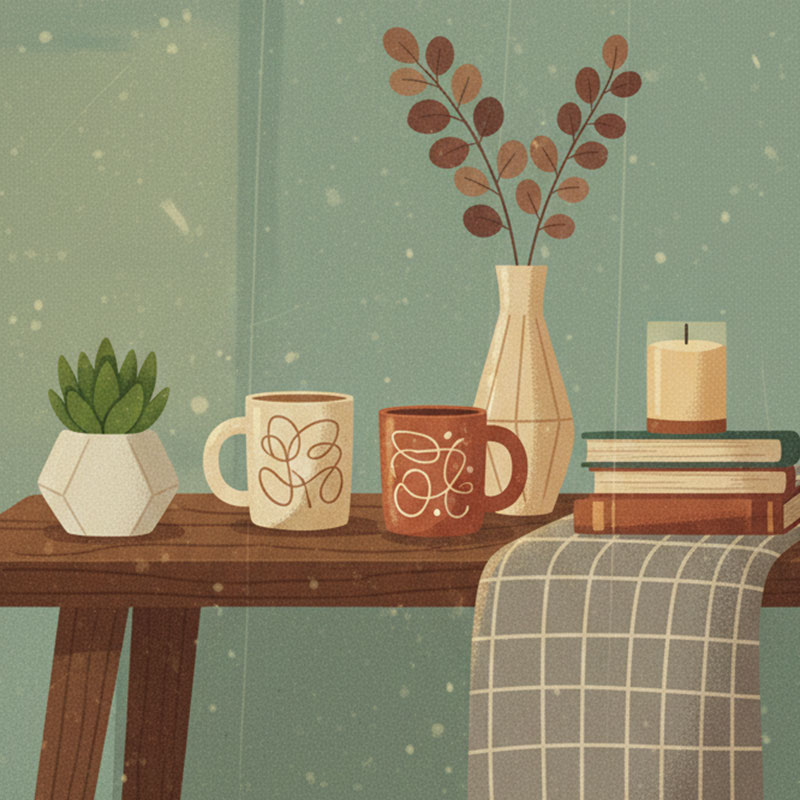 A plant, two coffee mugs, a vase, a candle, and books site on a wooden table. A table runner with a grey/white grid pattern drapes down from the right side of the table.