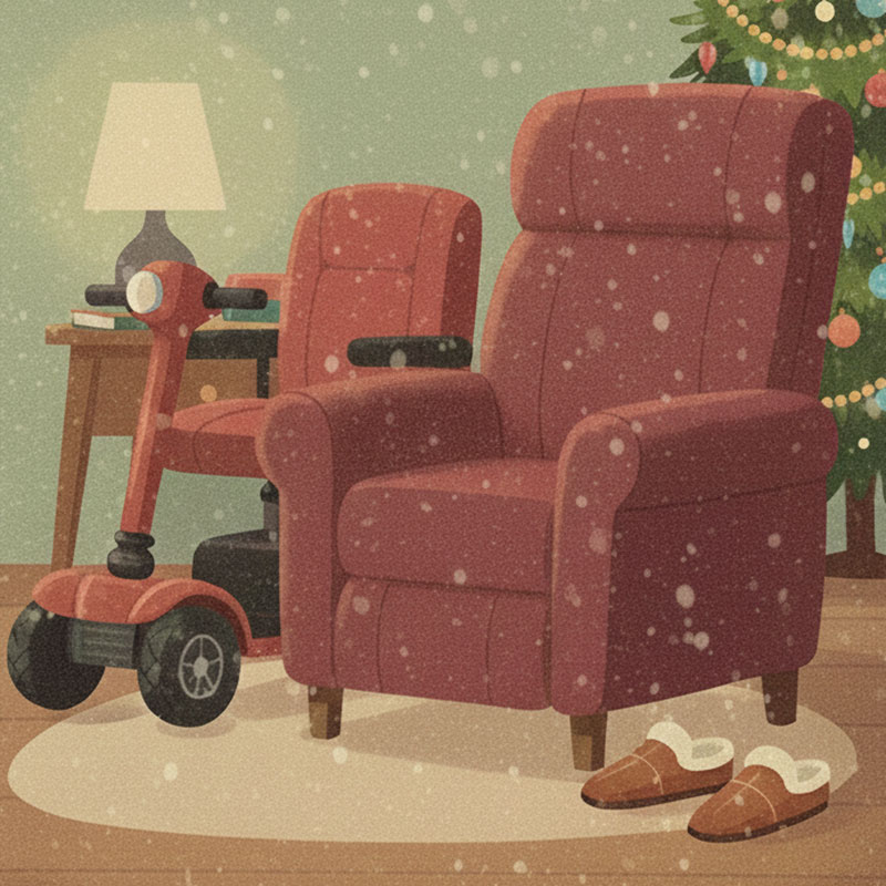A mobility scooter an a pair of slippers sit beside a recliner. In the background is a Christmas tree.
