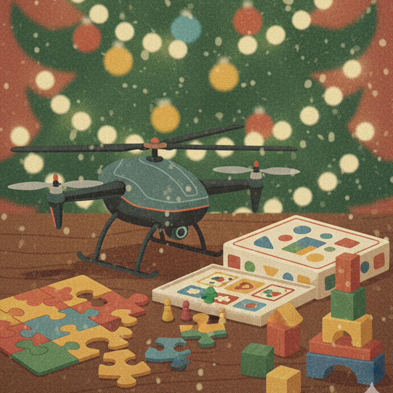 A toy helicopter drone, a puzzle, building blocks, and a board game sit on a table in front of a Christmas tree.