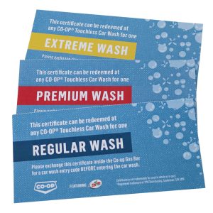 Three types of car wash gift certificates for Co-op: Extreme Wash, Premium Wash, and Regular Wash