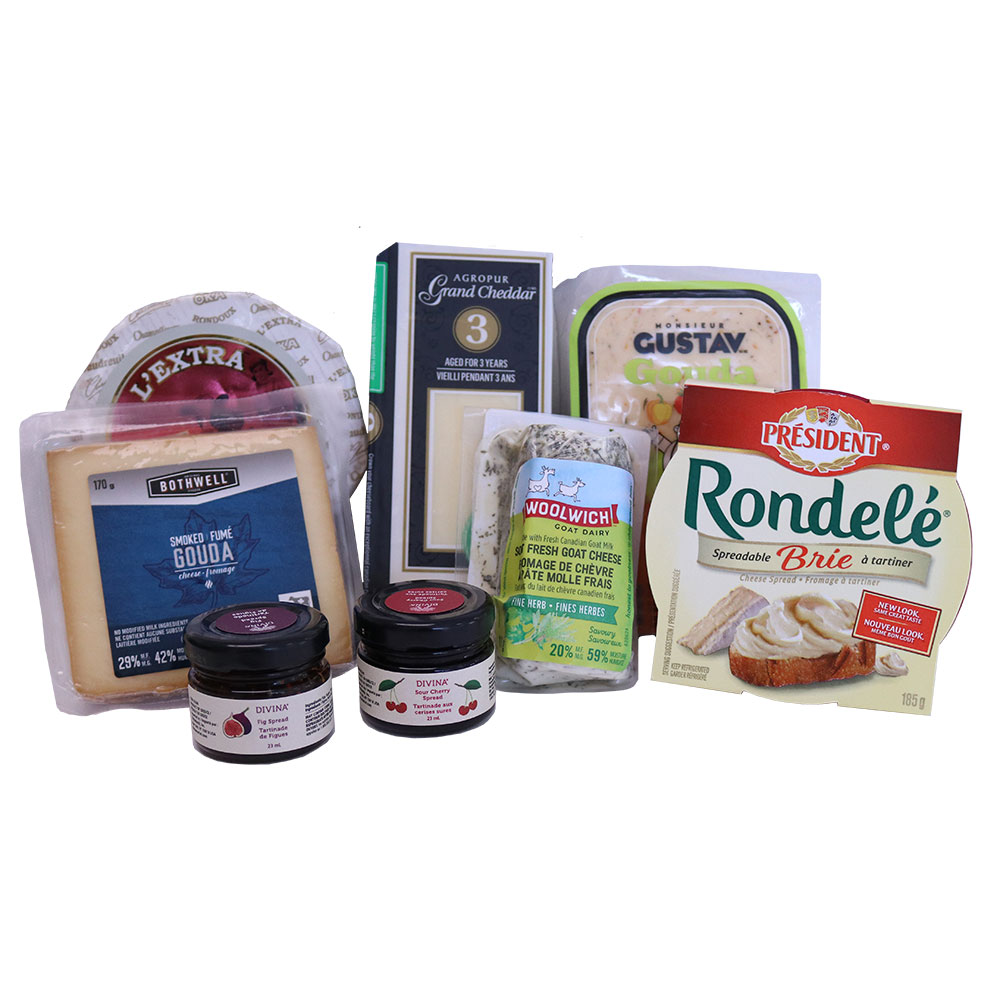 Cheese Charcuterie Kit featuring six types of cheese and two types of spreads