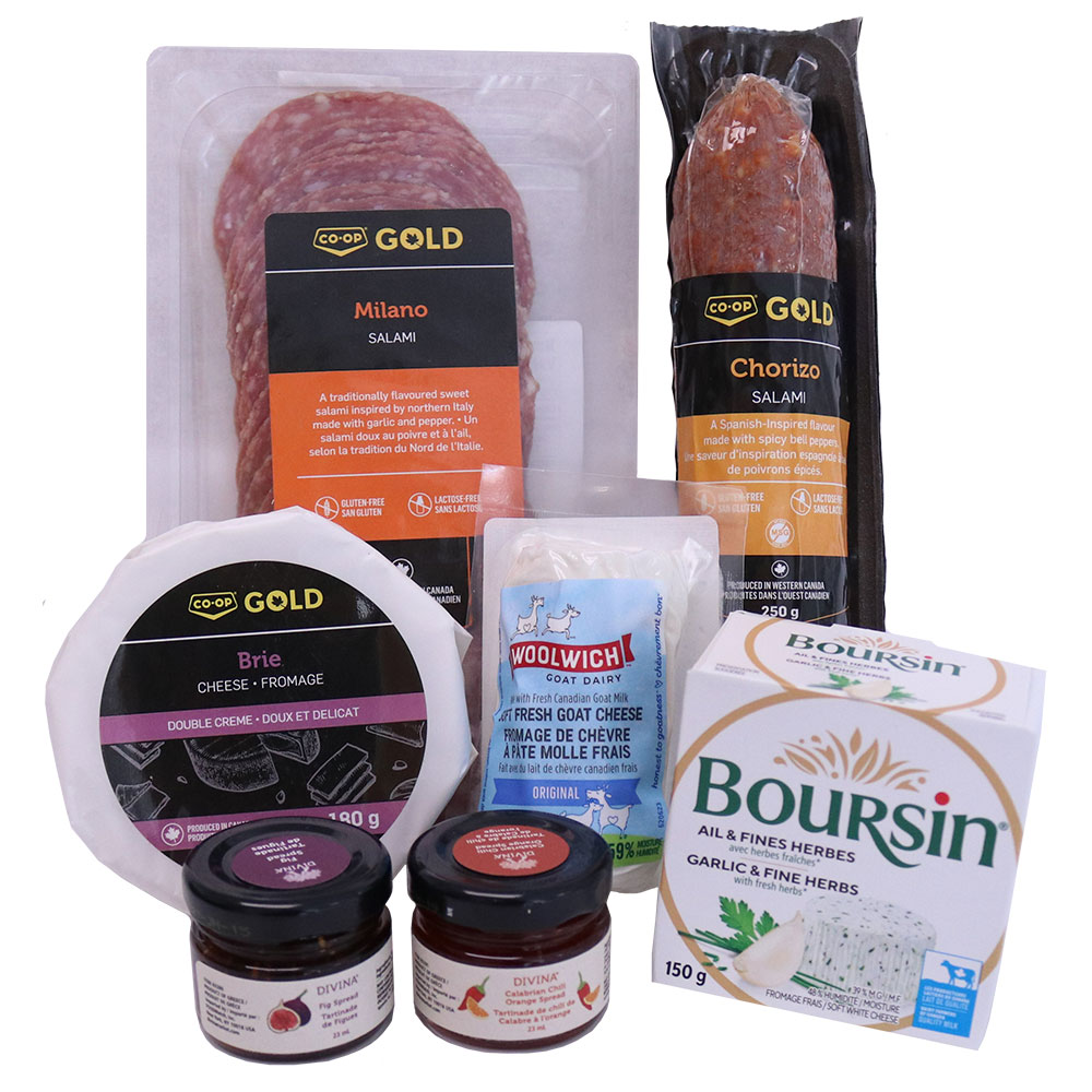 European Style Charcuterie Kit featuring two types of meat, three types of cheese, and two types of spreads.