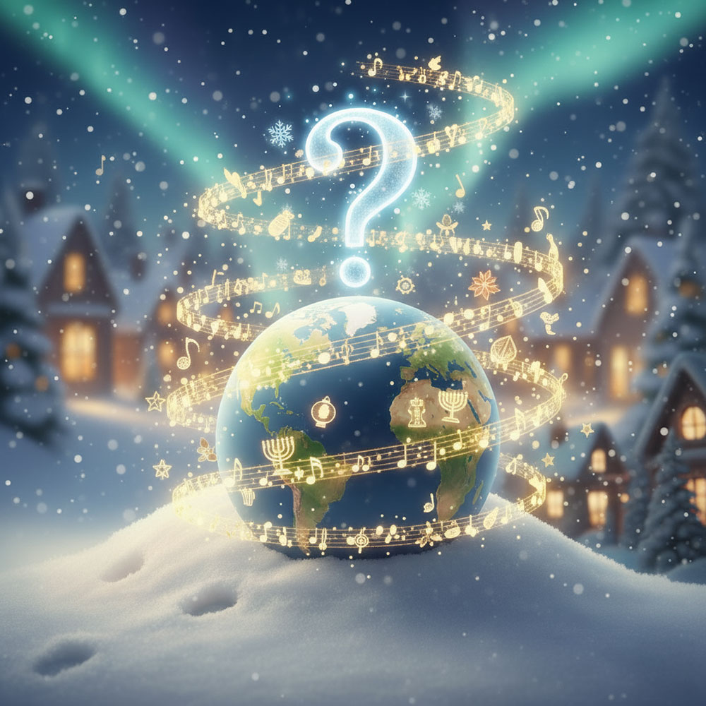 Quiz - Holidays Around the World. Gold musical notation and festive symbols swirl around a globe which is set against a background of a wintry village of log cottages and snow-laden spruce trees. Northern lights light the sky.