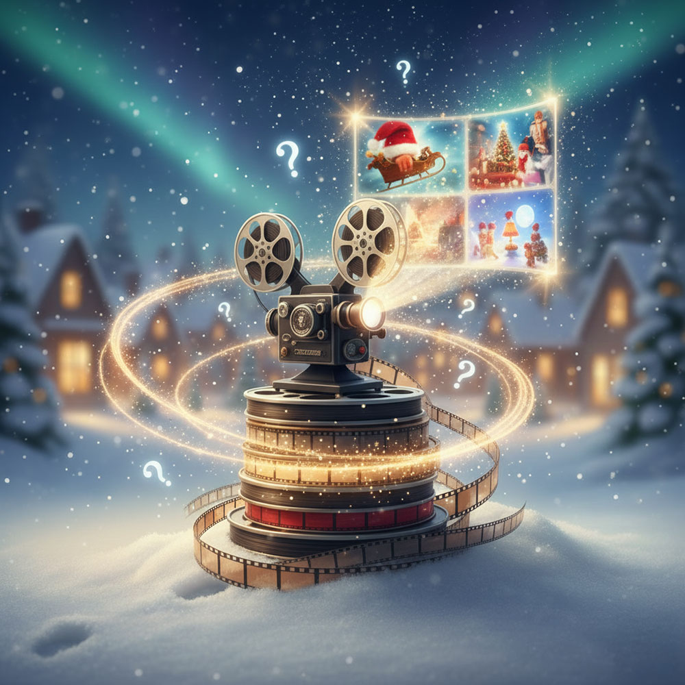 Quiz - Holiday Movie Magic. A file projector sits on a stack of film rolls and canisters. A swirl of gold sparkles surrounds the projector. The entire scene is set against a background of a wintry village of log cottages and snow-laden spruce trees. Northern lights light the sky.