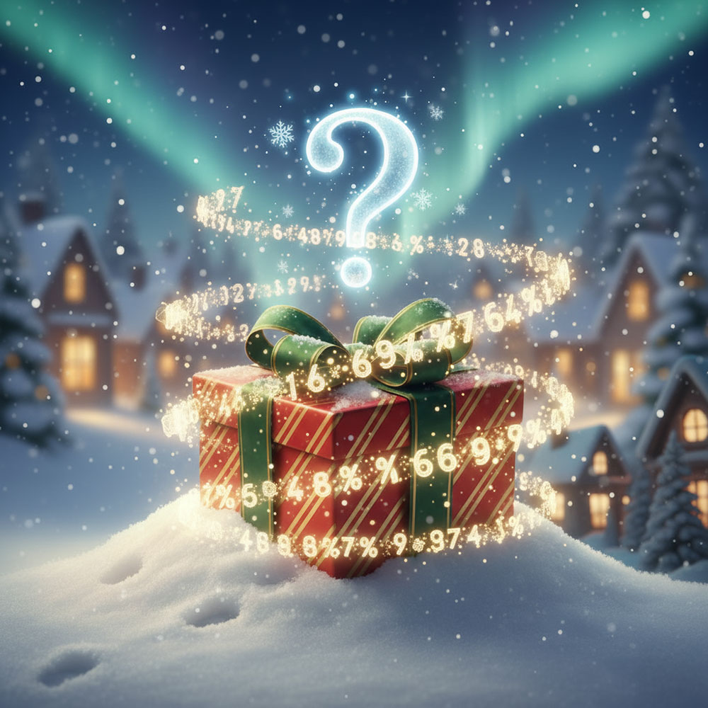 Quiz - Holidays by the Numbers. A swirl of numbers surrounds a wrapped present and is set against a background of a wintry village of log cottages and snow-laden spruce trees. Northern lights light the sky.