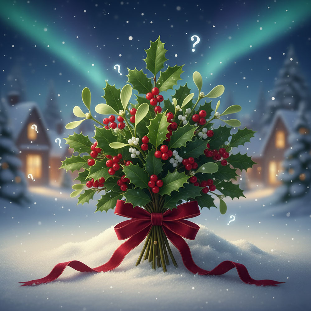 Quiz - Mistletoe and Holly. A bouquet of holly and mistletoe is set against a background of a wintry village of log cottages and snow-laden spruce trees. Northern lights light the sky.
