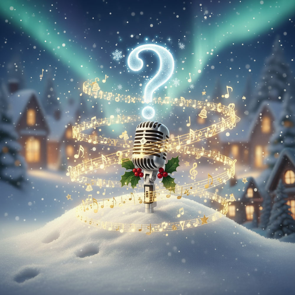 Quiz - Songs of the Season. A microphone with a question mark above it is set against a background of a wintry village of log cottages and snow-laden spruce trees. Northern lights light the sky.
