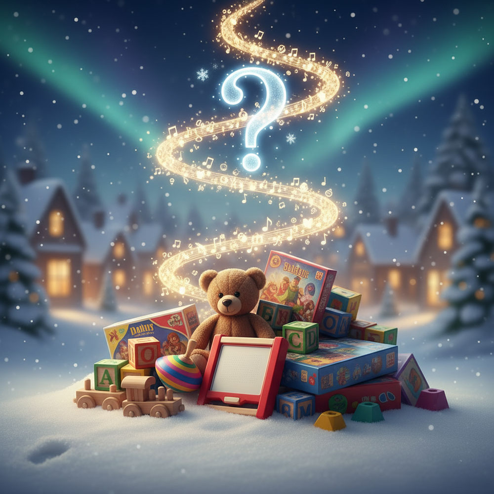 Quiz - Under the Tree. A stack of classic toys and games set against a background of a wintry village of log cottages and snow-laden spruce trees. Northern lights light the sky.